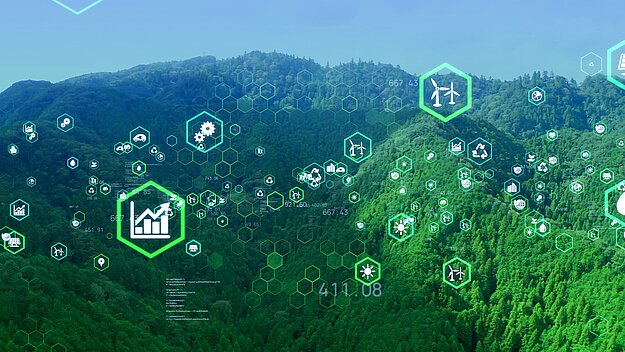 Forest with various small icons of elements belonging to critical infrastructure.