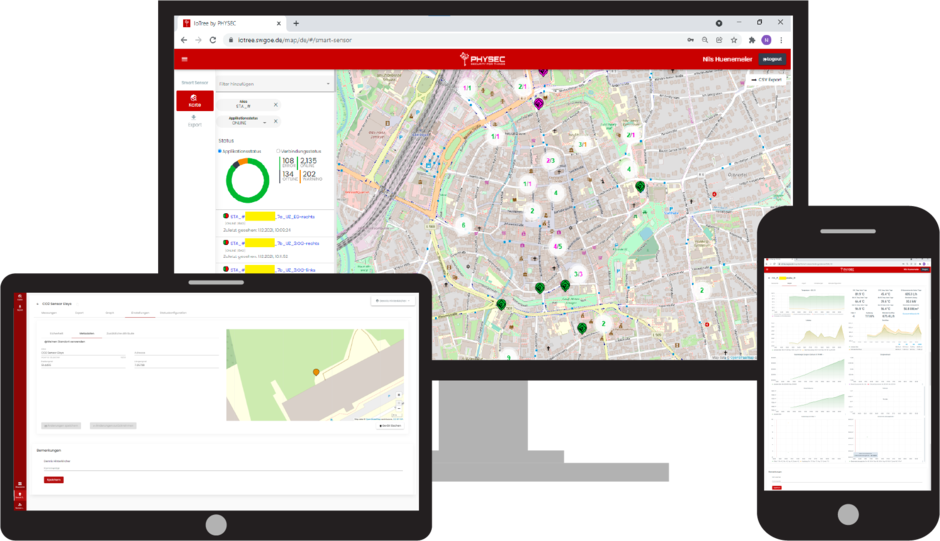 Various pages, such as the map of the IoTree service platform on a desktop, a tablet and a mobile phone.