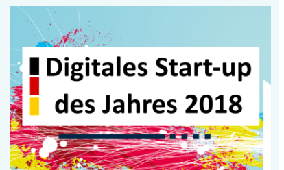 Digital startup of the year logo with black, red, gold rectangles and pink, yellow color splash in background