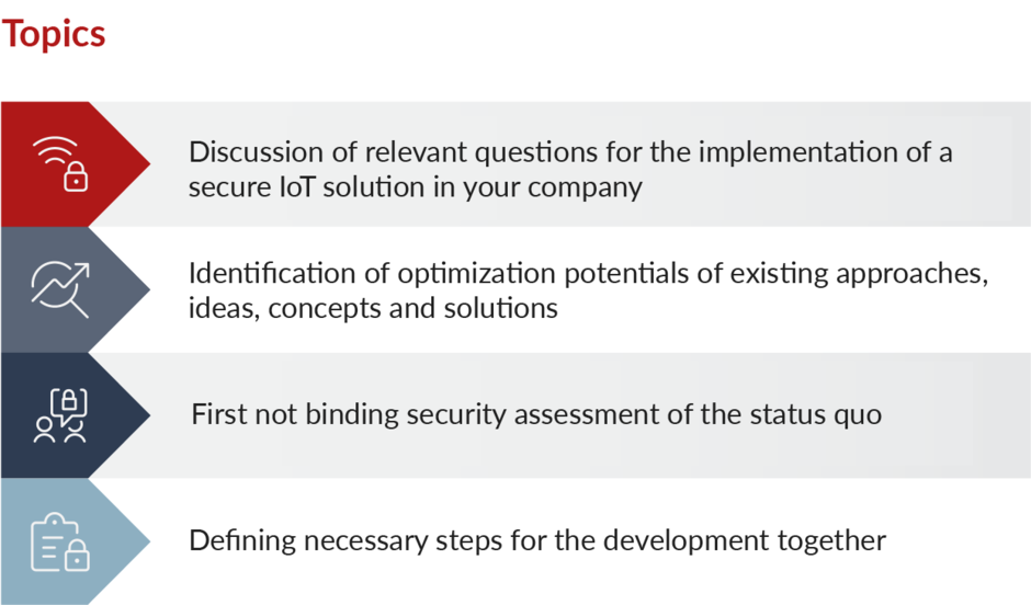 Topics: Discussion of relevant questions for the impementation of a secure IoT solution in your company, Identifications of optimizations potentials of existing approaches, ideas, concepts and solutions, first not binding security assessment of the status quo, Defining necessary steps for the development together.