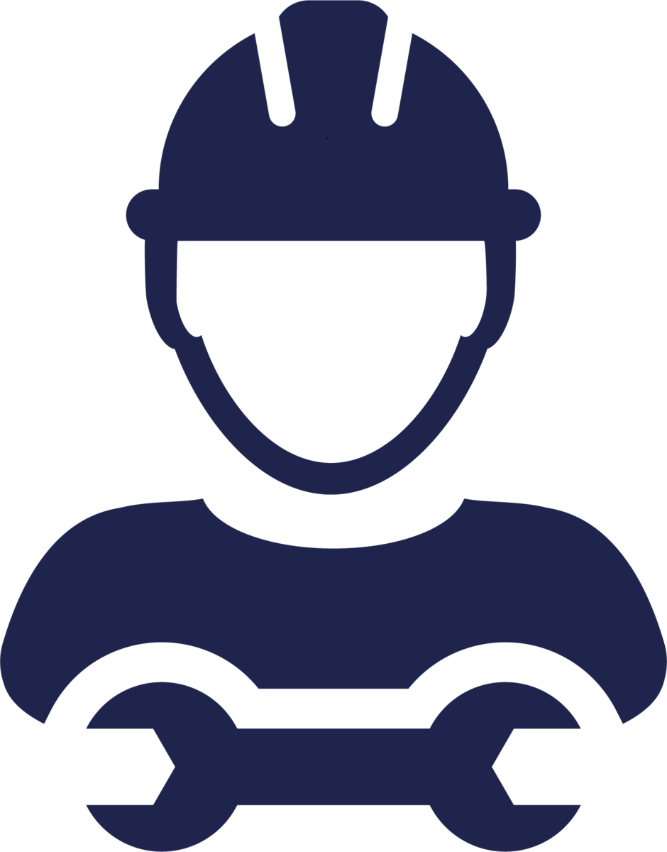 Illustration of a handyman with a helmet and wrench in blue.