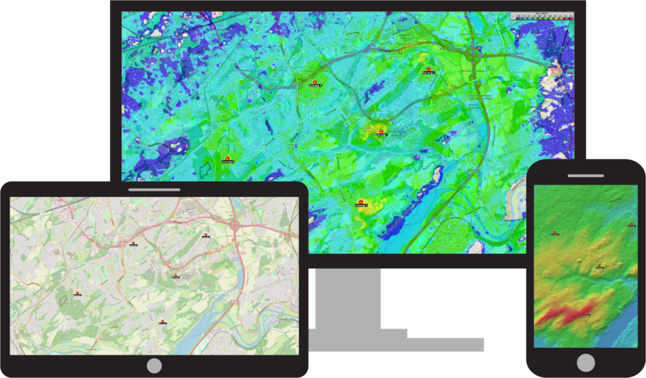 Various topological maps on a desktop, a tablet and a mobile phone.
