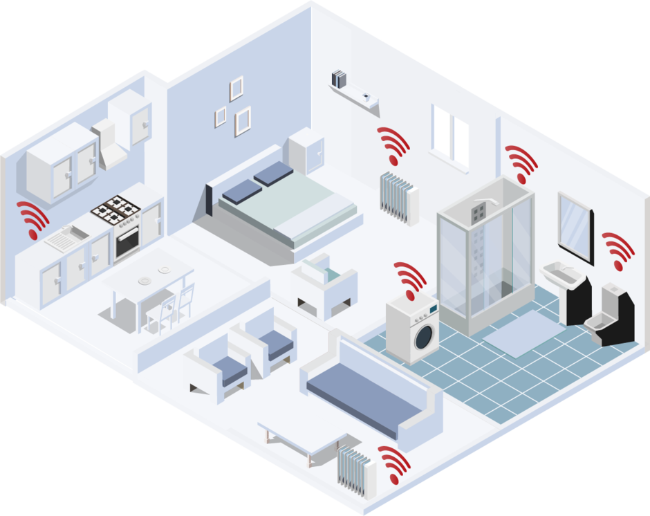 Illustrated apartment from a bird's eye view to illustrate submetering. The connection to the LoRaWAN network of various objects in the apartment such as heating, the washing machine, the toilet and the shower is marked by a red WIFI symbol on the object.