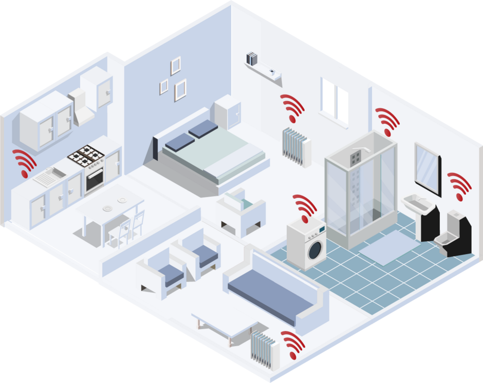 Illustrierte Wohnung aus Vogelperspektive zur Darstellung des Submeterings. Die Anbindung an das LoRaWAN Netz verschiedener Objekte der Wohnung wie Heizungen, die Waschmaschine, die Toilette und Dusche ist durch jeweils ein rotes WLAN-Symbol am Objekt gekennzeichnet.