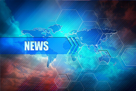 An arrow says "News", the background is blue and red with clouds and a world map.