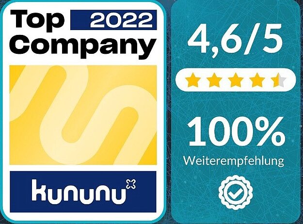 Top 2022 Company Award von Kununu. 4,6/5 Sterne und 100% Weiterempfehlung