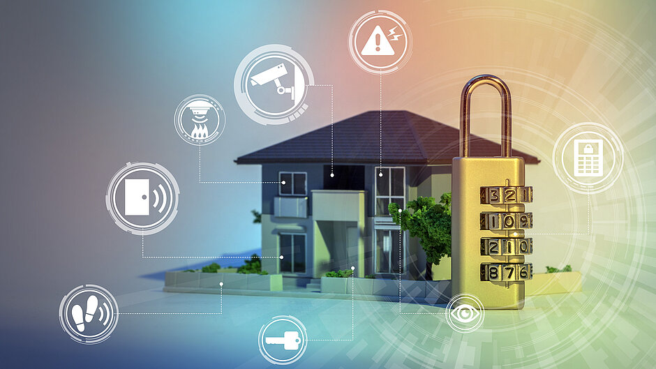 House with a large combination lock and icons for various security aspects such as surveillance cameras and motion sensors
