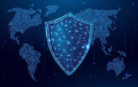 A blue world map with a protective shield by PHYSEC, which protects networks.