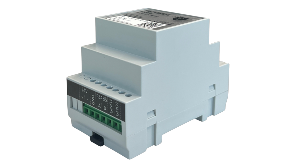 The picture shows a grey Modbus-RTU Bridge, the unit consists of a compact housing and ethernet connections.