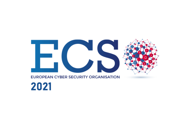 ECS Logo mit einer Kugel aus blauen und roten Binärcodes