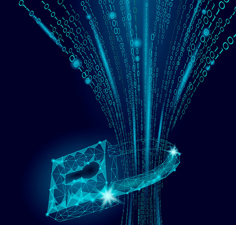 Illustration eines Schlosses aus einem Netz welches eine Lieferkette umschließt, die durch Binärcode symbolisiert wird.