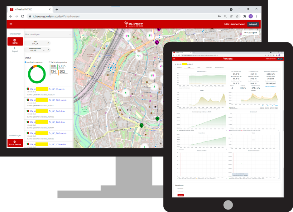 Nutzbare Sicherheit und Privacy by Design bei IoTree Verschiedene Seiten, wie zum Beispiel die Karte der Serviceplattform IoTree auf einem Desktop und einem Tablet.