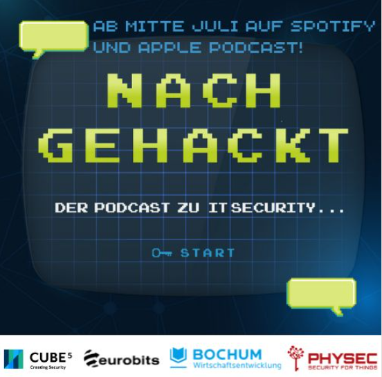 Illustration einer alten Videospielstartseite auf der steht: "Ab Mitte Juli auf Spotify und Apple Podcast! Nach Gehackt Der Podcast zu IT Security... Start"
