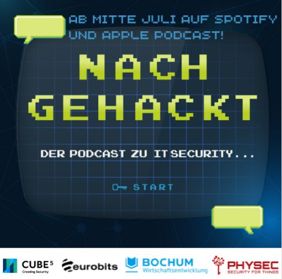 Nachgehackt - Der IT-Security Podcast Illustration einer alten Videospielstartseite auf der steht: "Ab Mitte Juli auf Spotify und Apple Podcast! Nach Gehackt Der Podcast zu IT Security... Start"