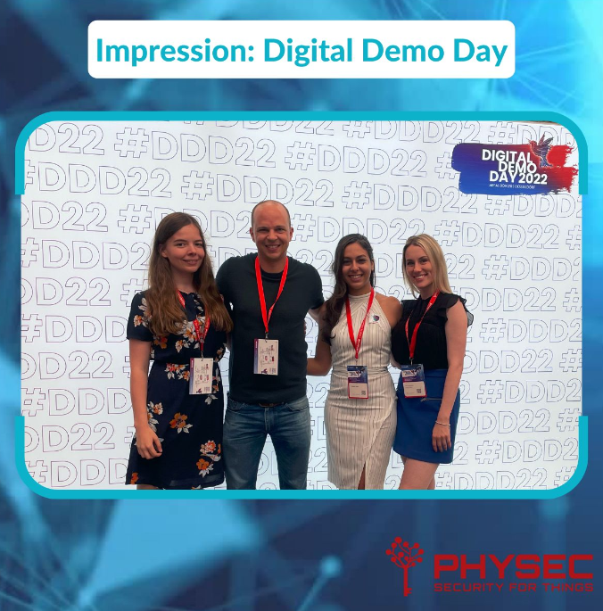 "Impression: Digital Demo Day" mit Foto der PHYSEC Mitarbeiter Sarina Kellermann, Dr. Heiko Koepke, Daniella Gabbai, Yuliia Mykytenko